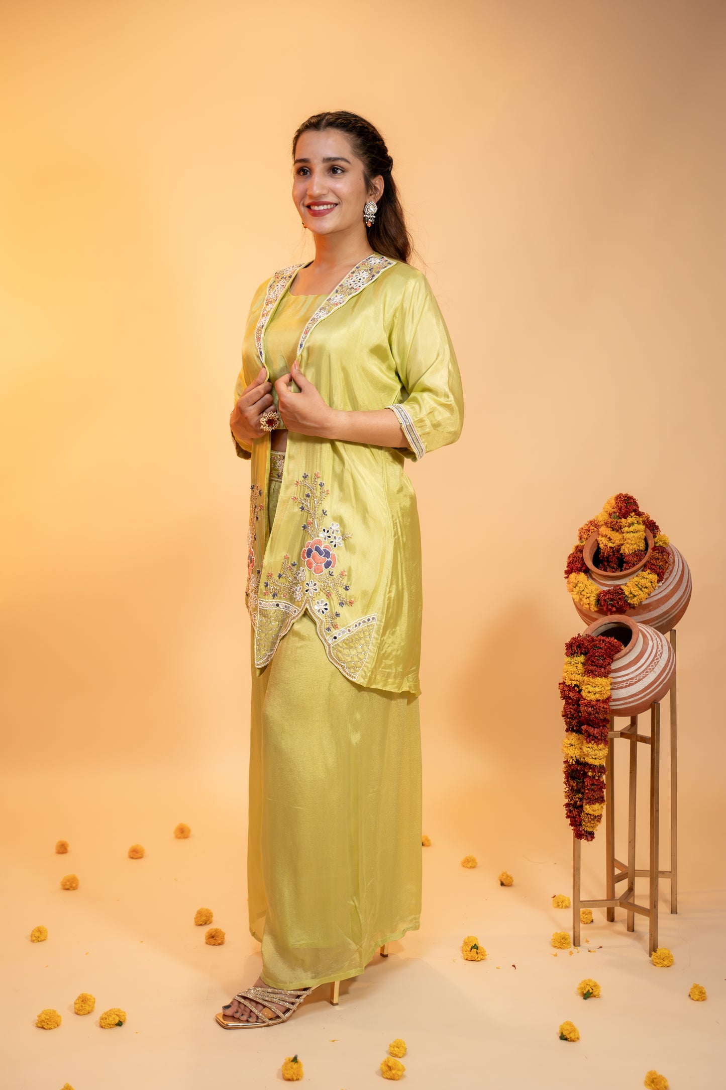 Embroidered Chinon Co-ord Set – Lime Glow