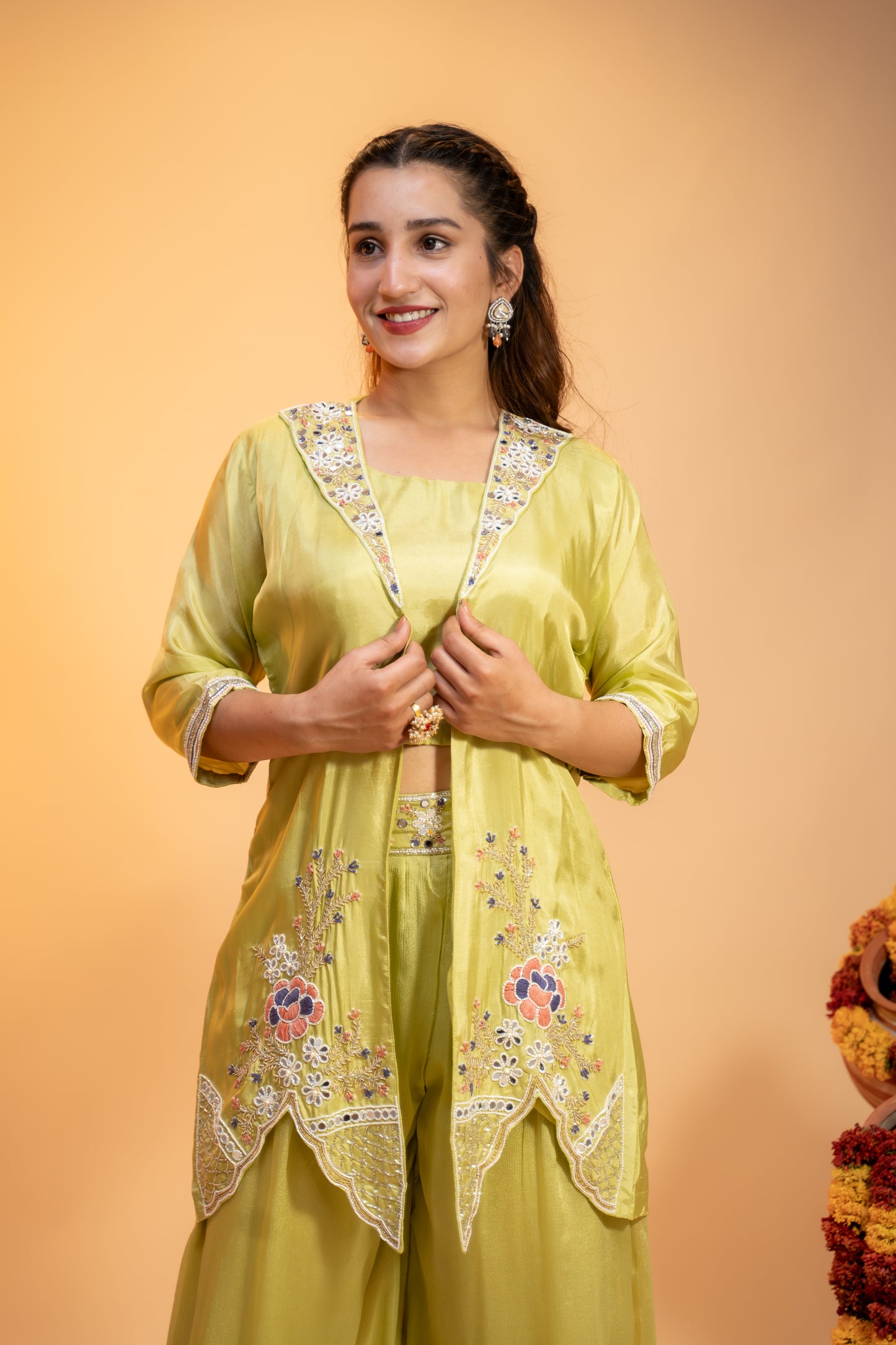 Embroidered Chinon Co-ord Set – Lime Glow