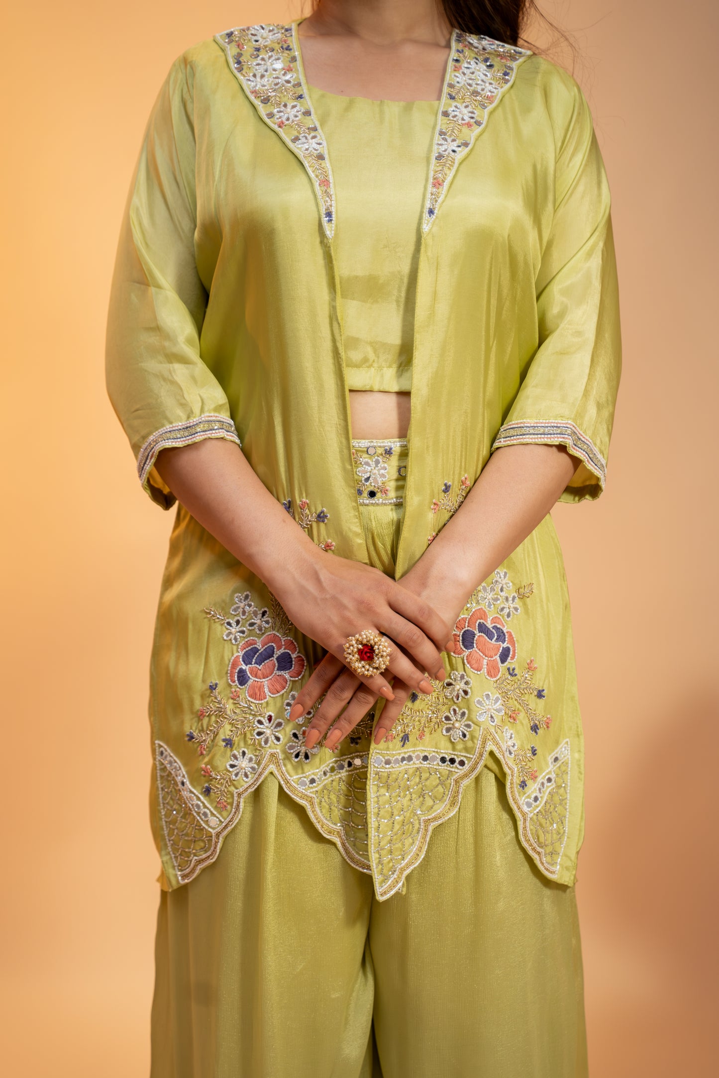 Embroidered Chinon Co-ord Set – Lime Glow