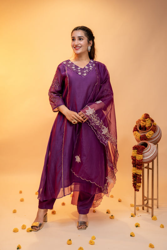 Purple Mul Chanderi Suit Set with Dupatta