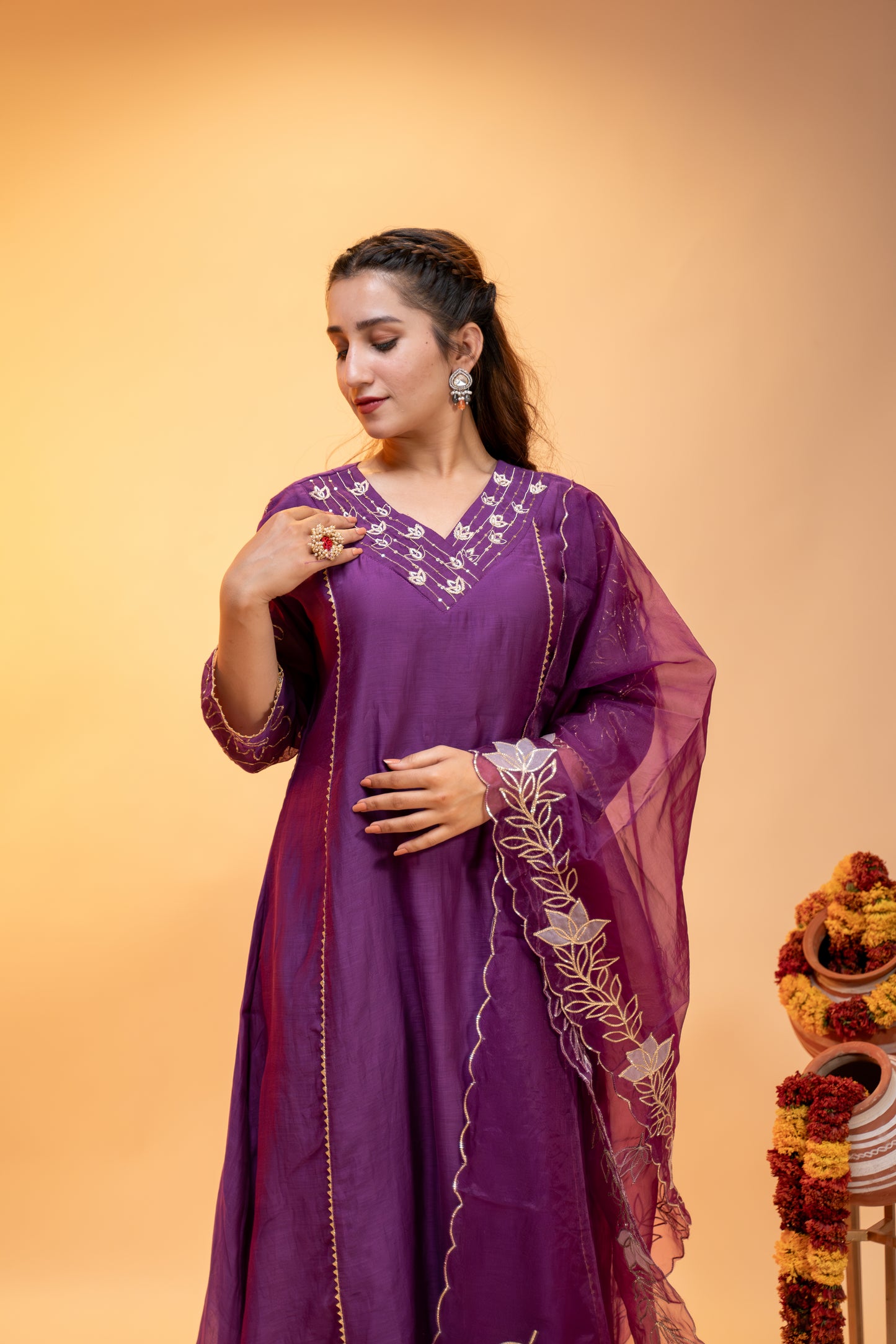 Purple Mul Chanderi Suit Set with Dupatta