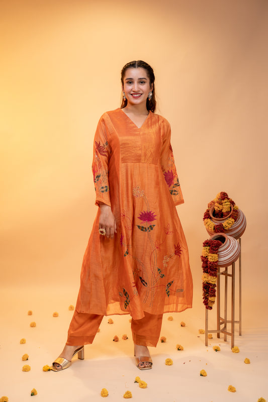 "Embroidered Peach Anarkali  Set in Mul Chanderi"