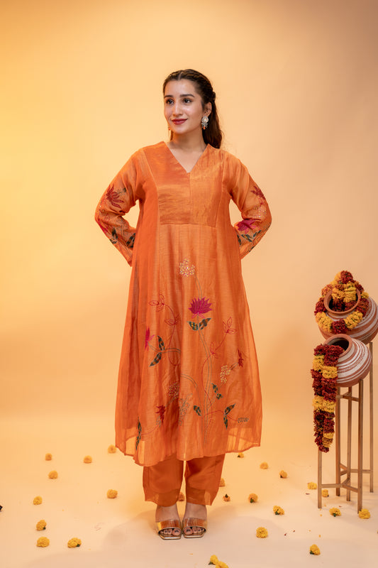 "Embroidered Peach Anarkali  Set in Mul Chanderi"