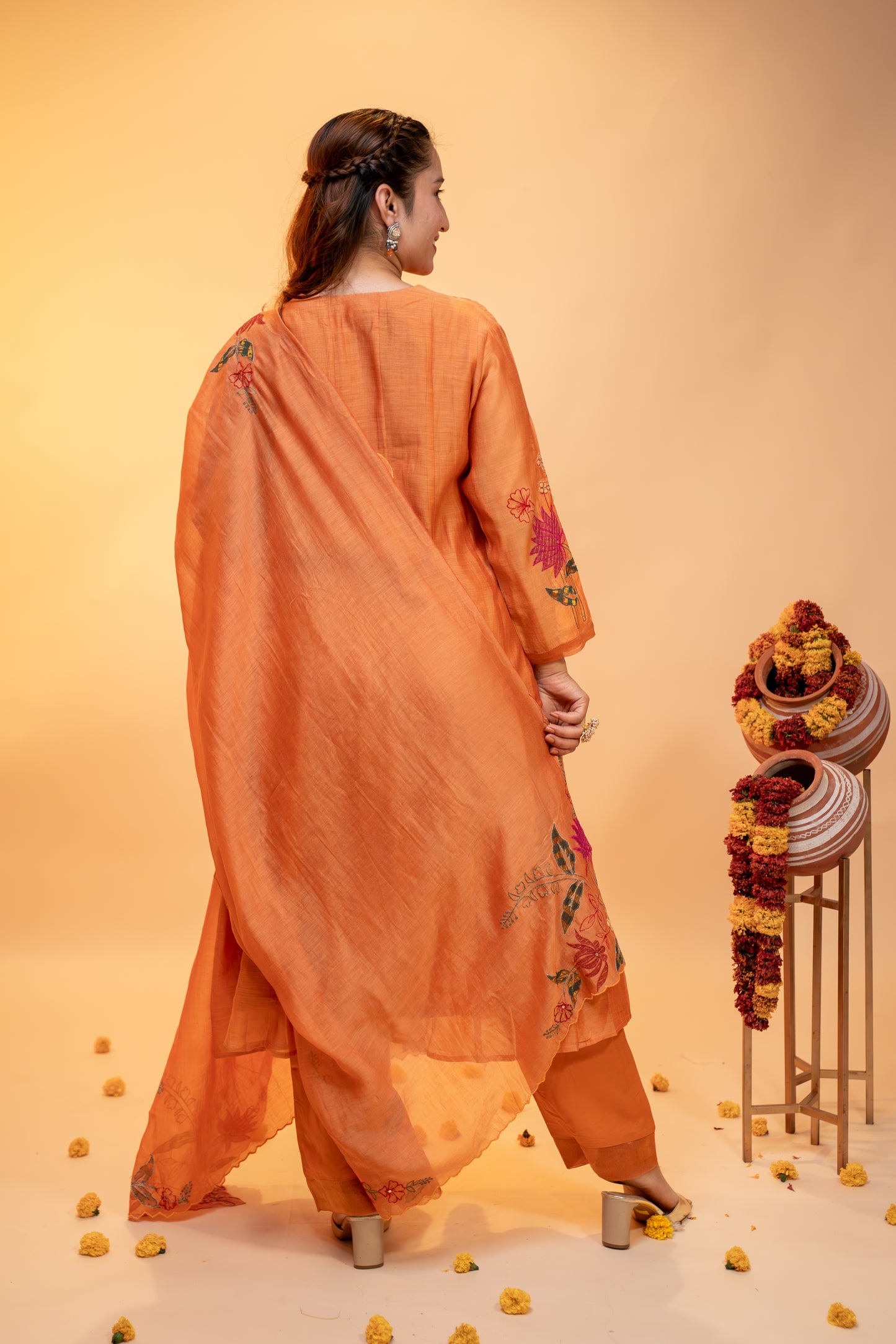 "Embroidered Peach Anarkali  Set in Mul Chanderi"