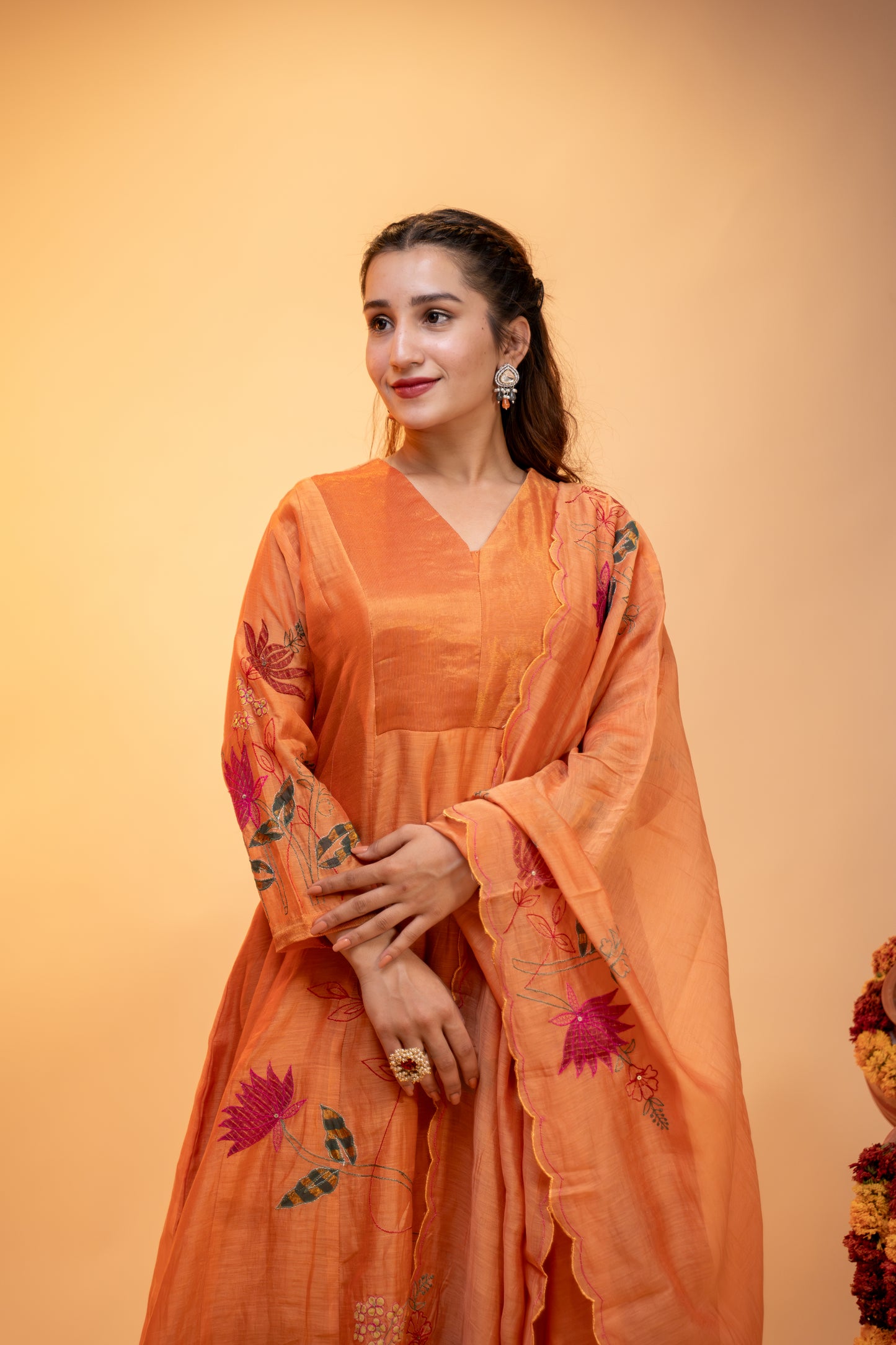 "Embroidered Peach Anarkali  Set in Mul Chanderi"