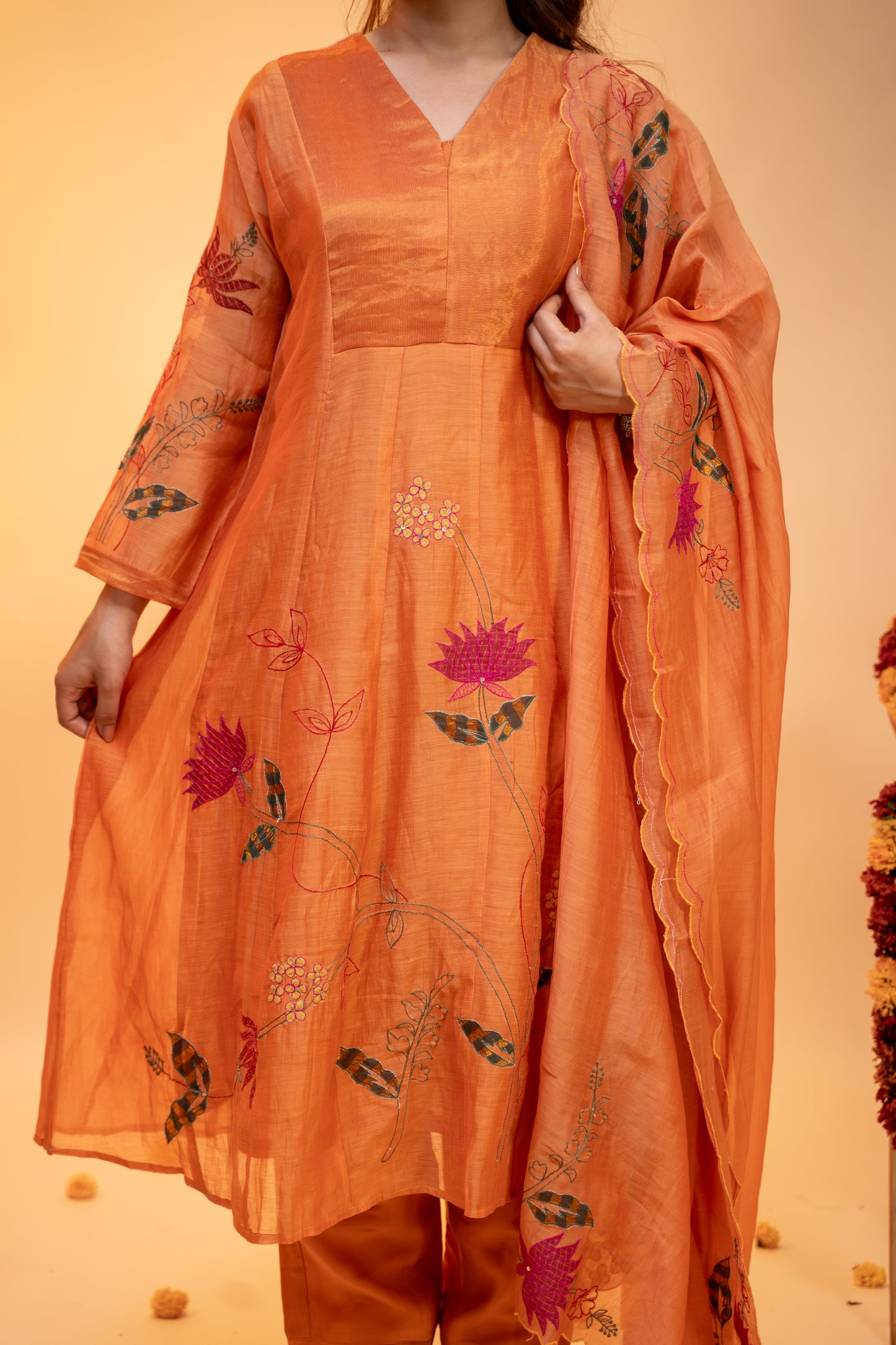 "Embroidered Peach Anarkali  Set in Mul Chanderi"