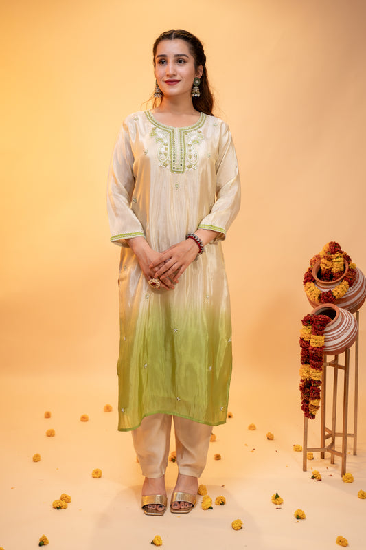 "Ombre Green & Ivory Silk  Kurta Set"
