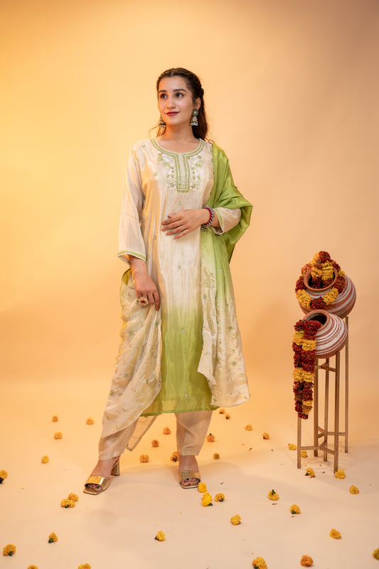 "Ombre Green & Ivory Silk  Kurta Set"