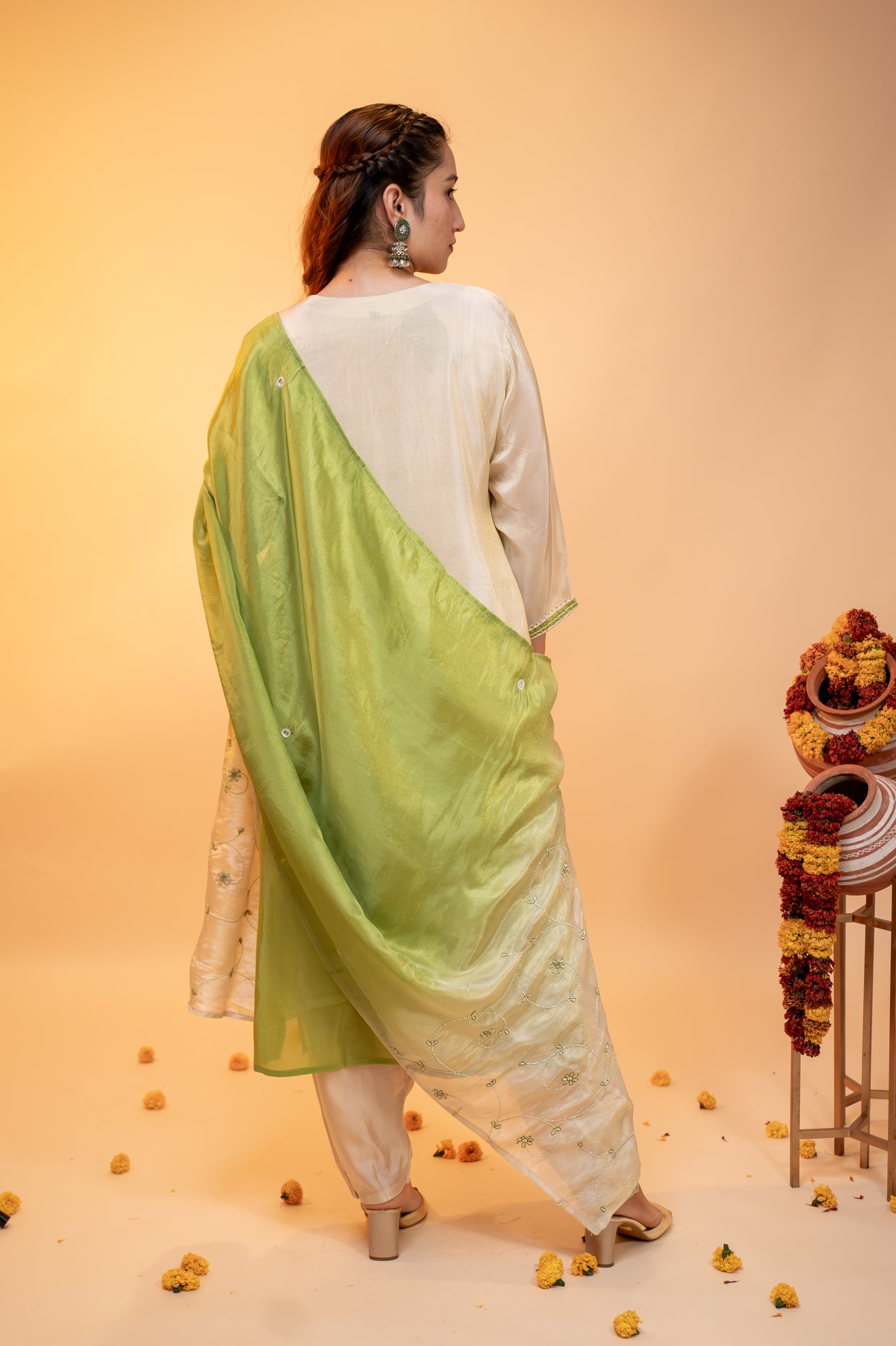 "Ombre Green & Ivory Silk  Kurta Set"