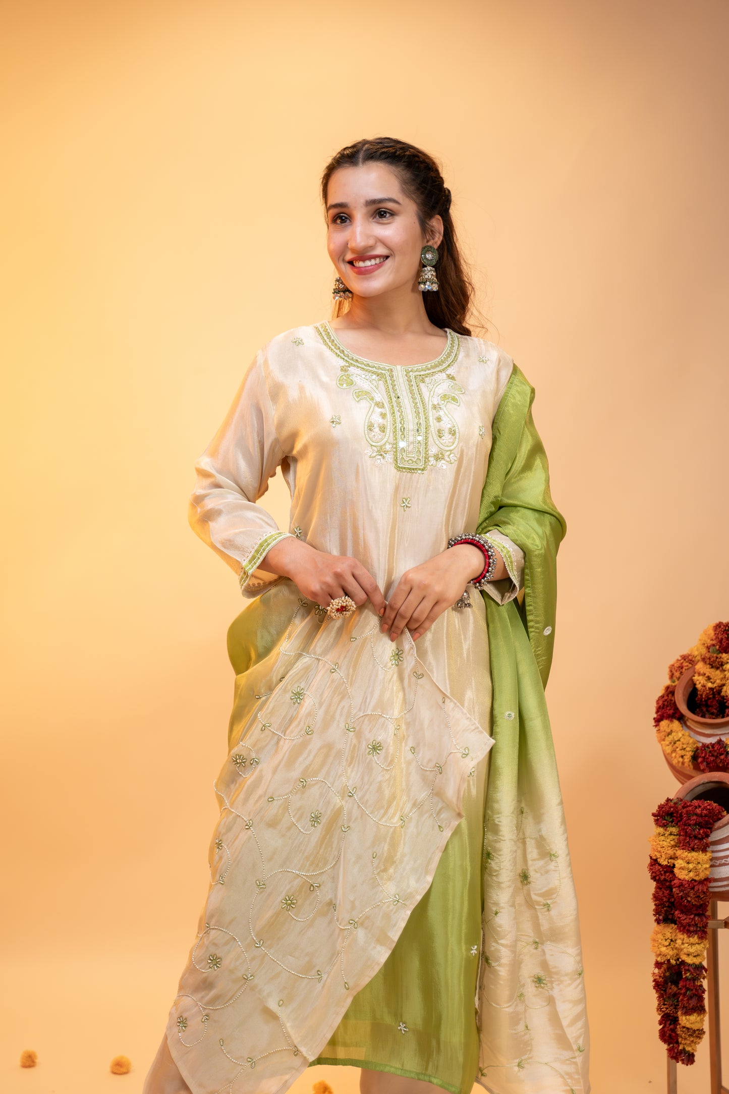 "Ombre Green & Ivory Silk  Kurta Set"
