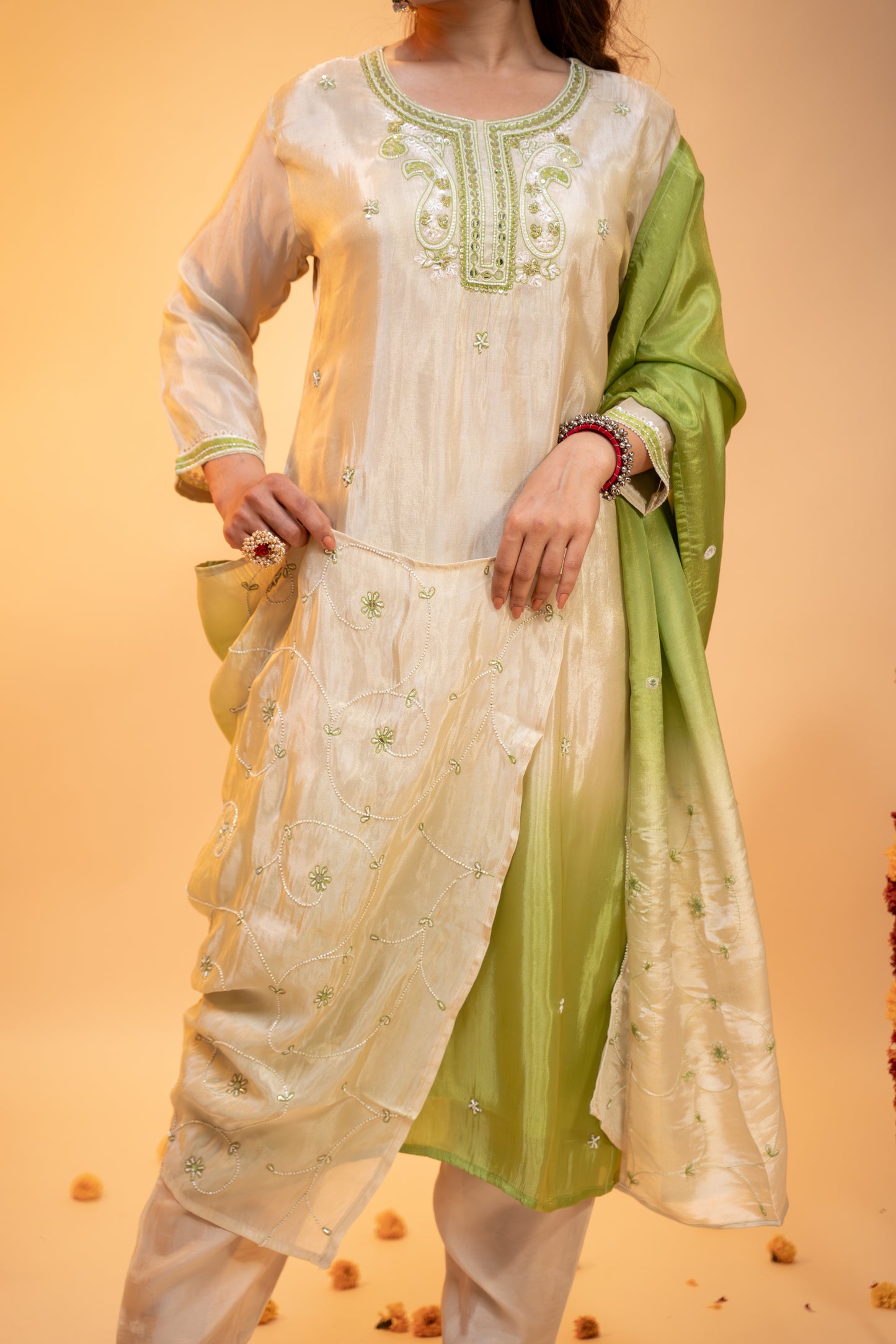 "Ombre Green & Ivory Silk  Kurta Set"