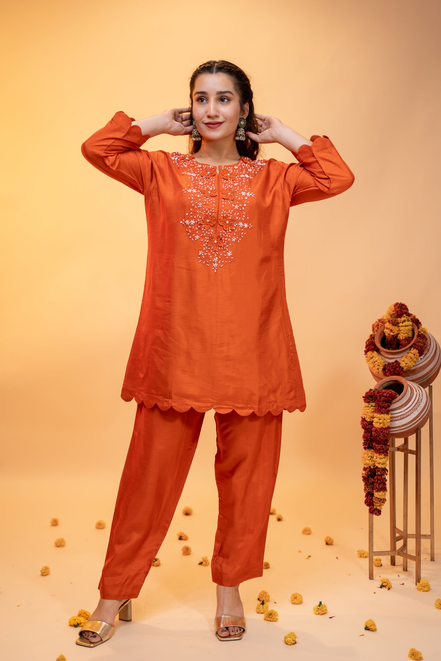 Embroidered Silk Kurti Set – Festive Orange
