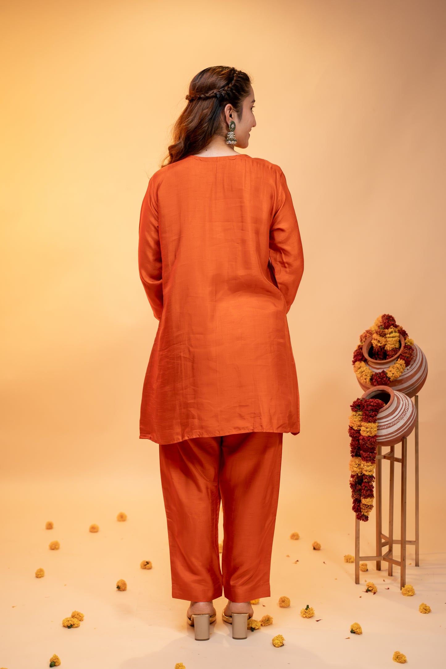 Embroidered Silk Kurti Set – Festive Orange