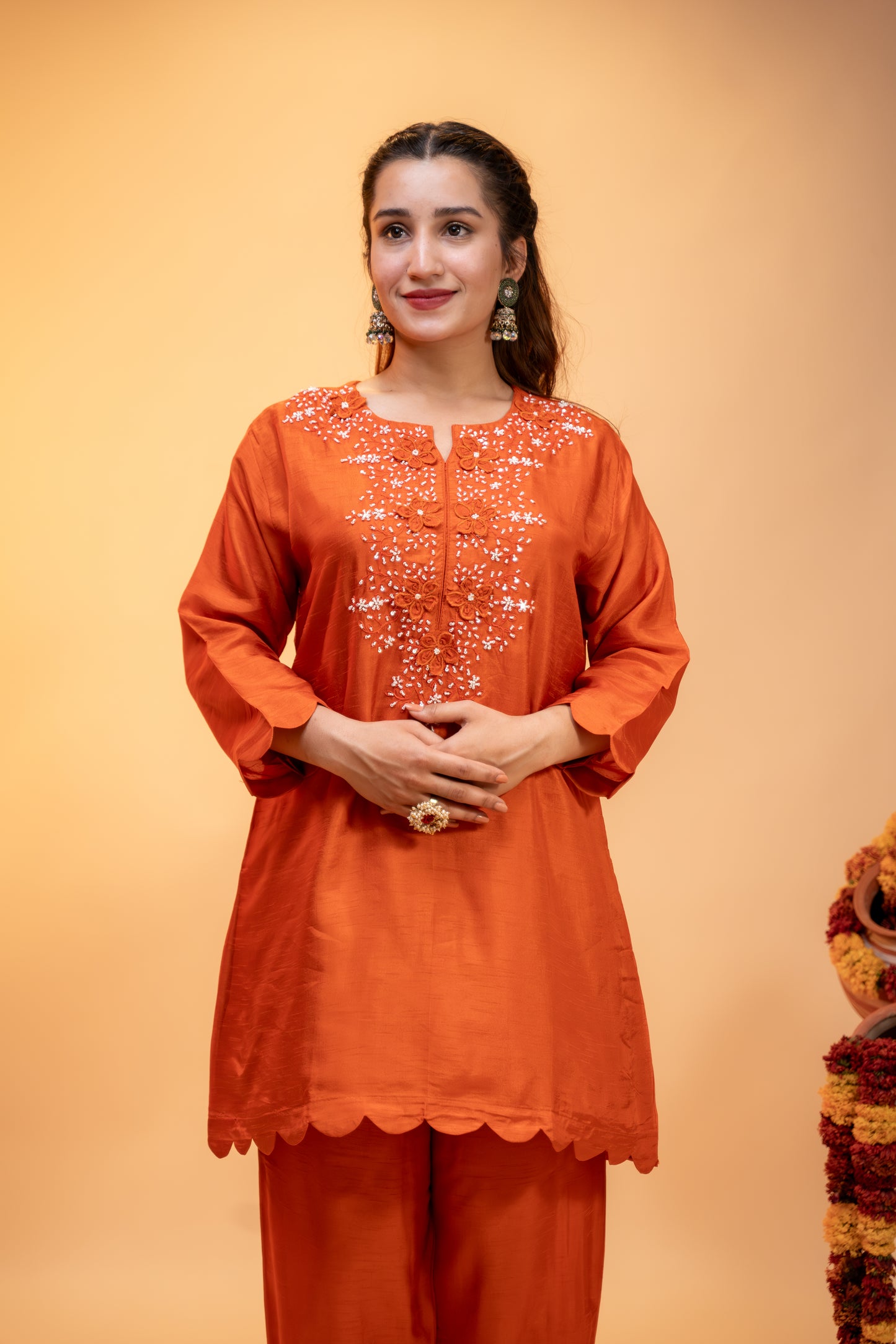 Embroidered Silk Kurti Set – Festive Orange