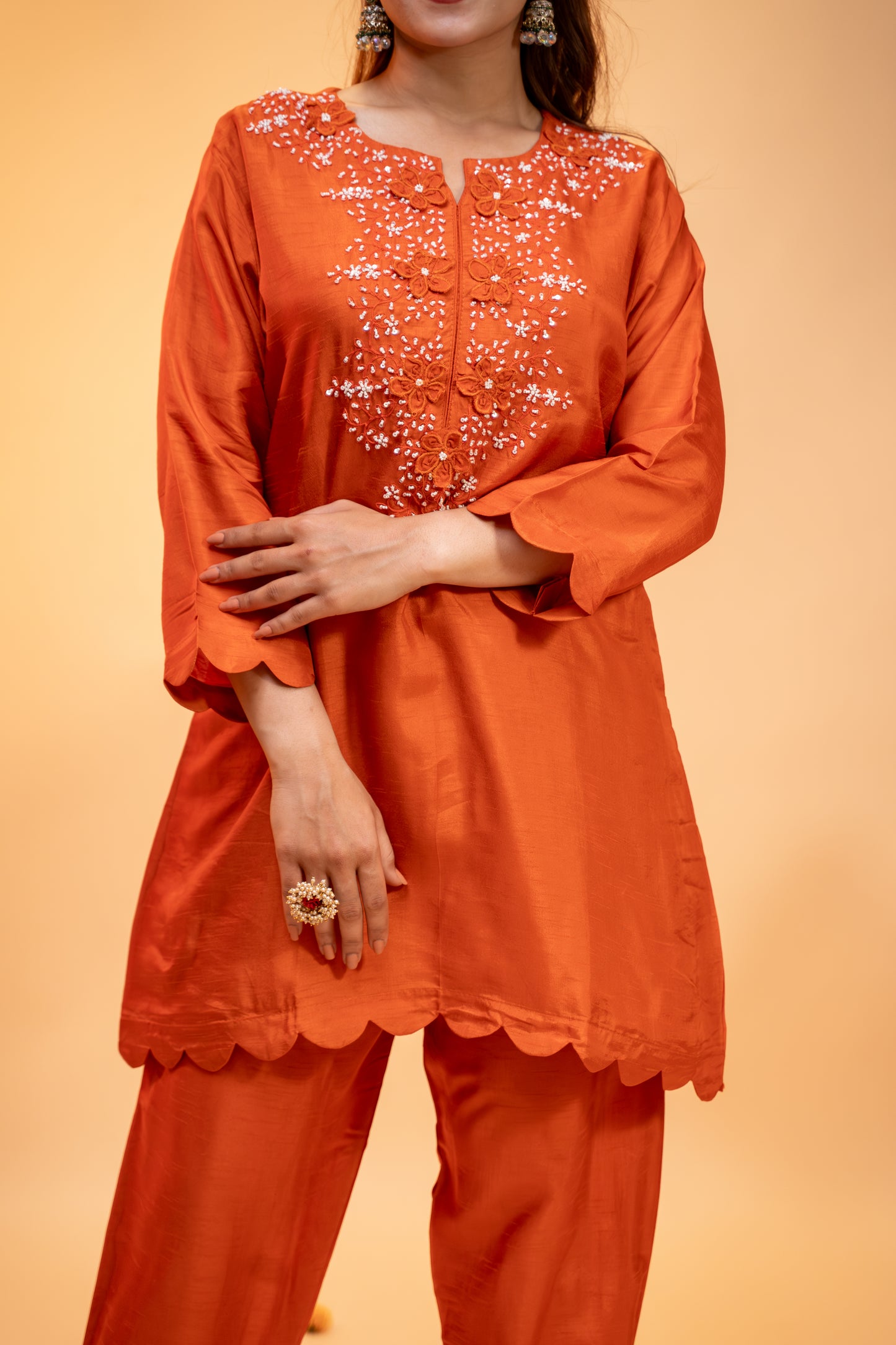 Embroidered Silk Kurti Set – Festive Orange