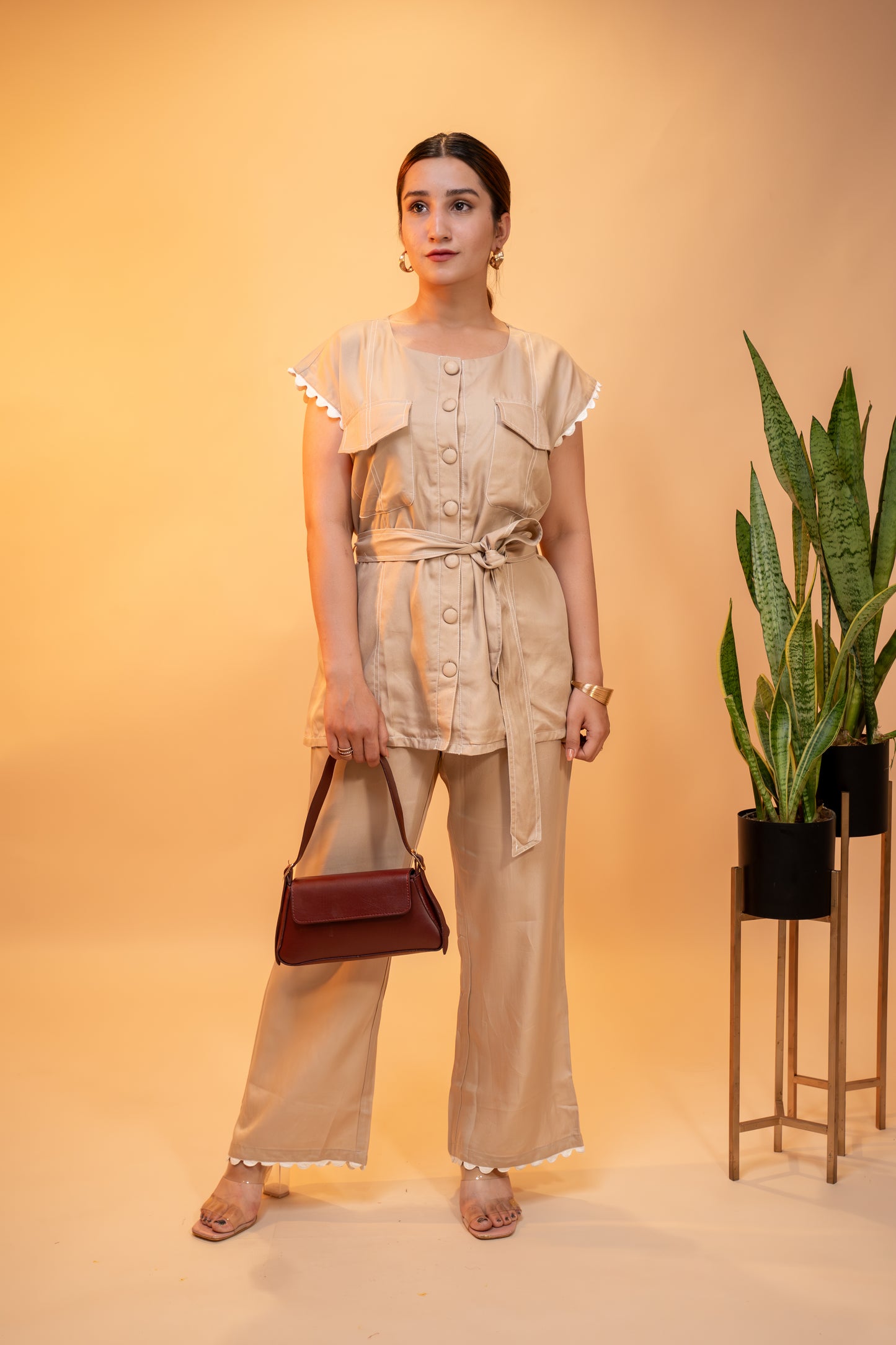Beige Cotton Co-ord Set with Waist Tie