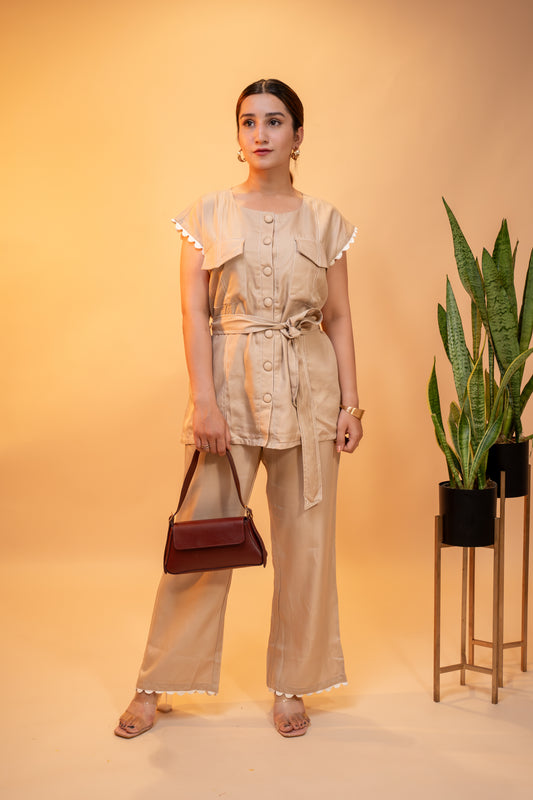 Beige Cotton Co-ord Set with Waist Tie