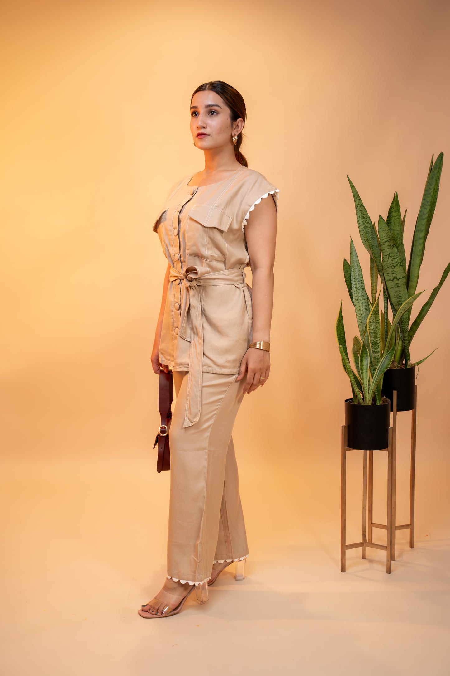 Beige Cotton Co-ord Set with Waist Tie