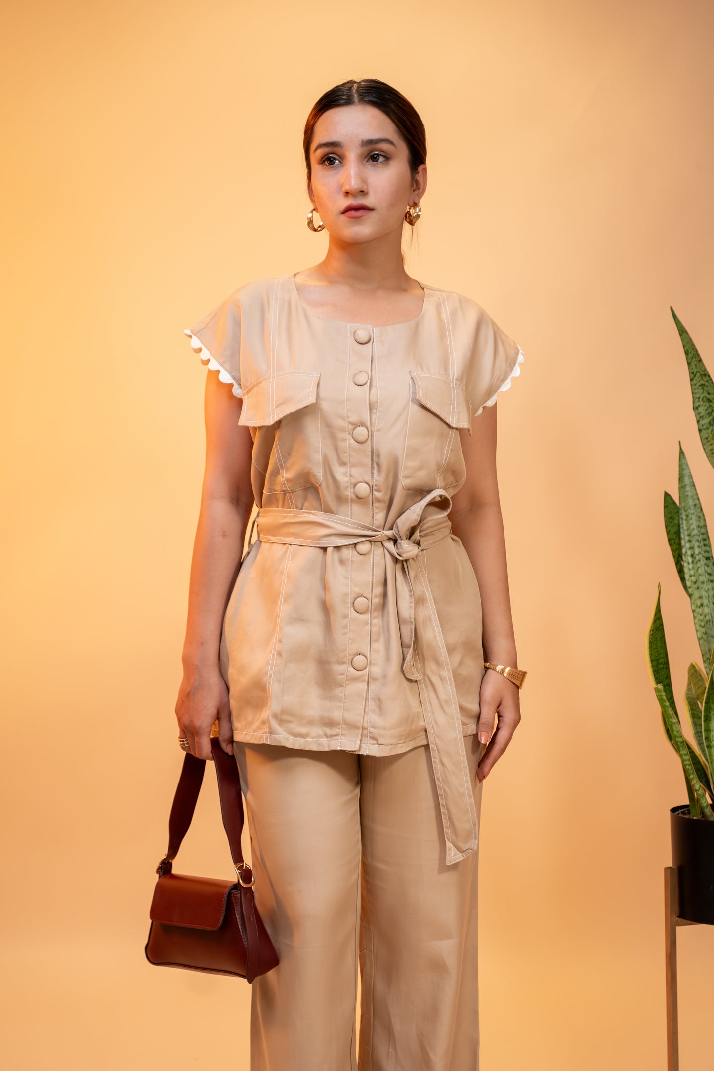 Beige Cotton Co-ord Set with Waist Tie
