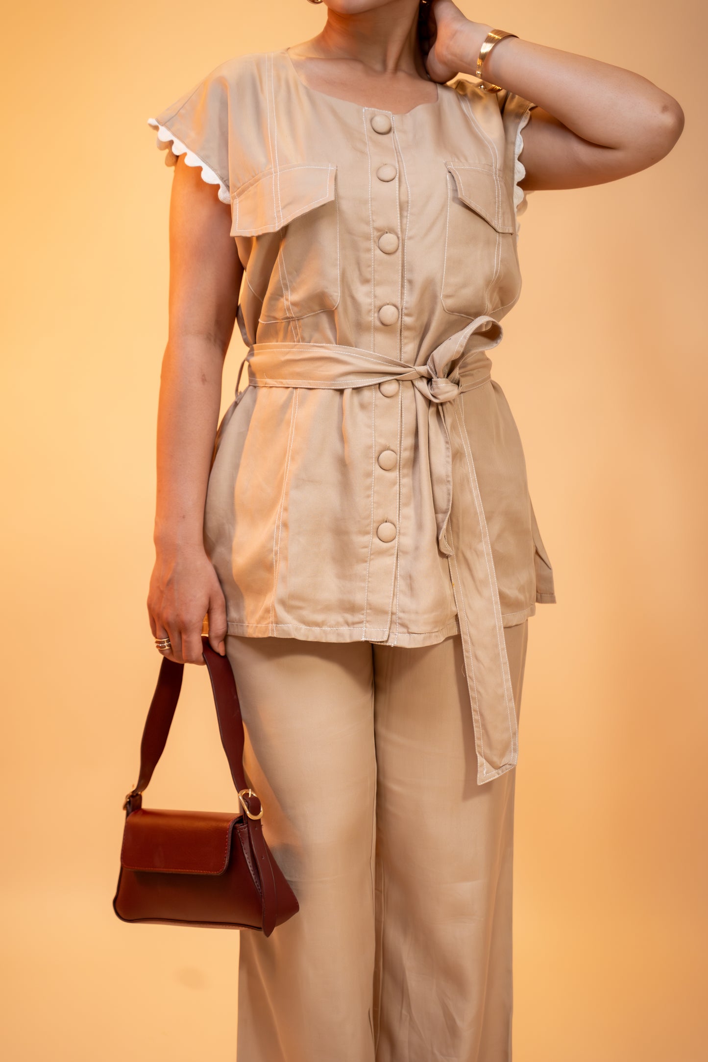 Beige Cotton Co-ord Set with Waist Tie