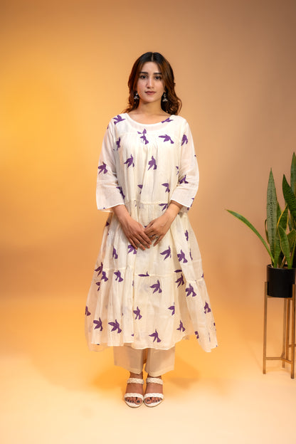 Off-White Floral Printed Kurta  Set in Soft Mul Cotton