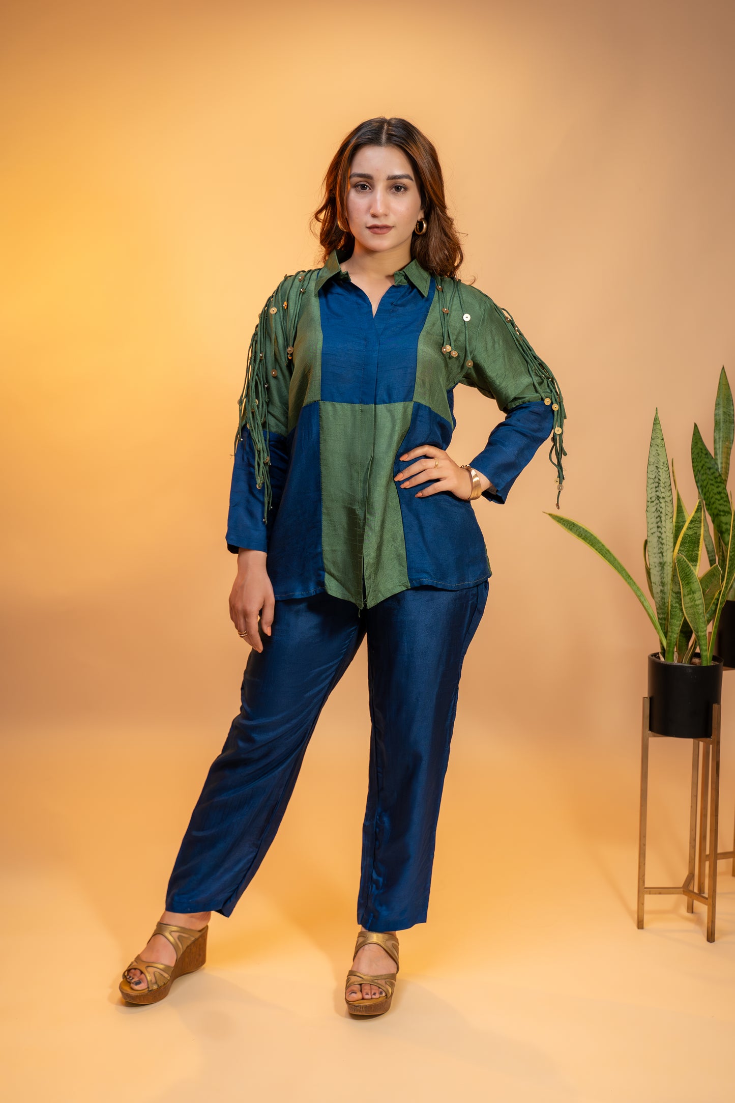 Olive and Navy Blue Crepe  Silk Coord Set