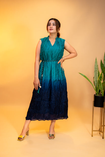 Teal to Navy Blue Ombre  Dress with Sleeves in Crushed Silk Cotton