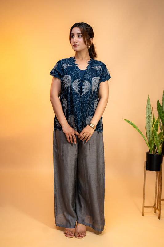 Navy Blue Cut Work  Embroidered Jacket Set in Crepe Silk