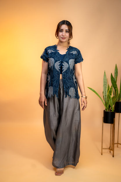 Navy Blue Cut Work  Embroidered Jacket Set in Crepe Silk