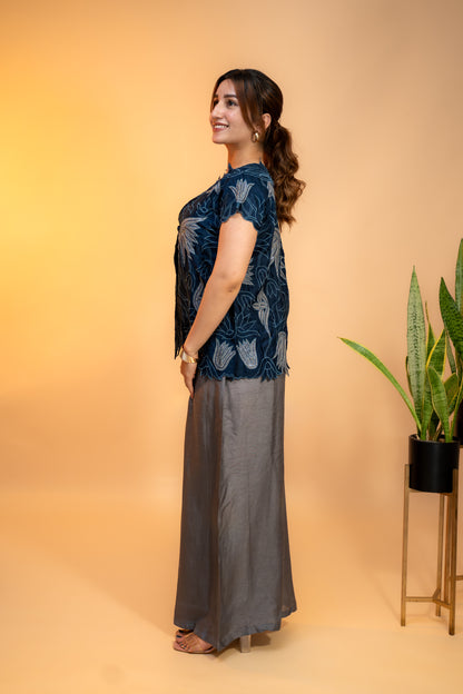 Navy Blue Cut Work  Embroidered Jacket Set in Crepe Silk