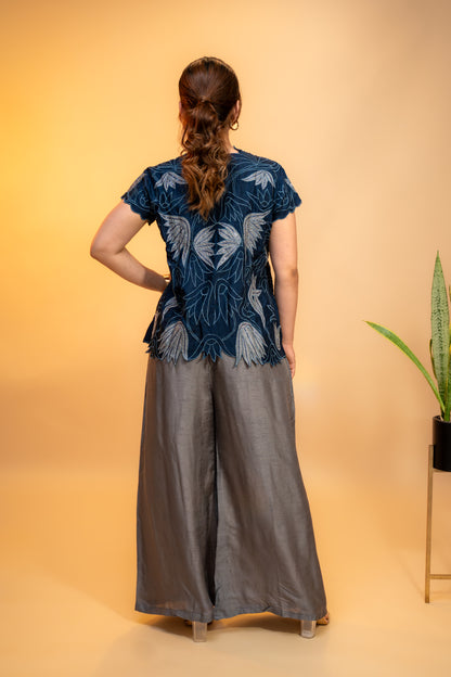 Navy Blue Cut Work  Embroidered Jacket Set in Crepe Silk