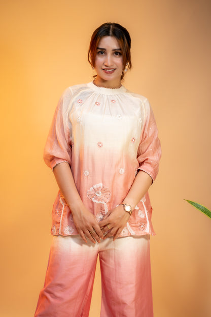 Elegant Peach Ombre Kurta Set in Pure Mul Chanderi