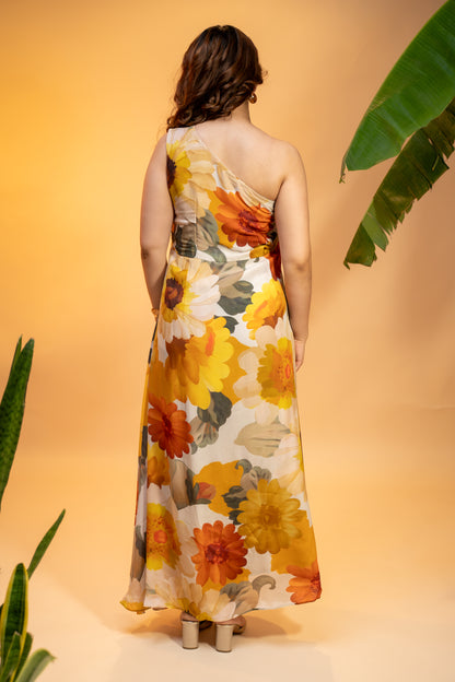 Floral One-Shoulder Dress in Pure Georgette with Neckpiece