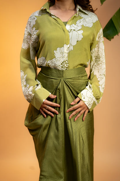 Olive Bloom Drape Set – Georgette Top & Silk Skirt