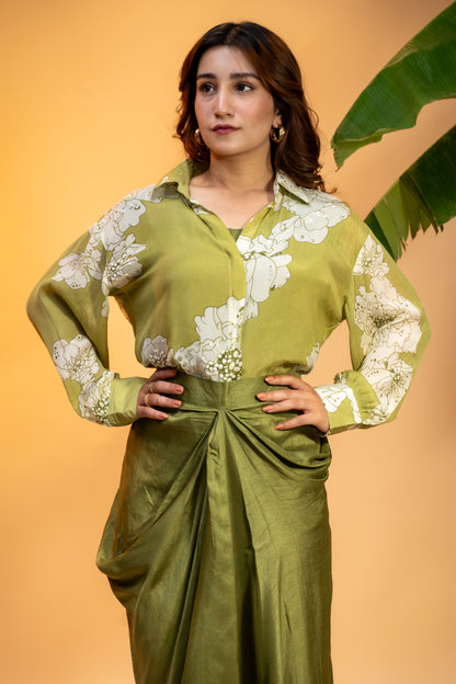 Olive Bloom Drape Set – Georgette Top & Silk Skirt