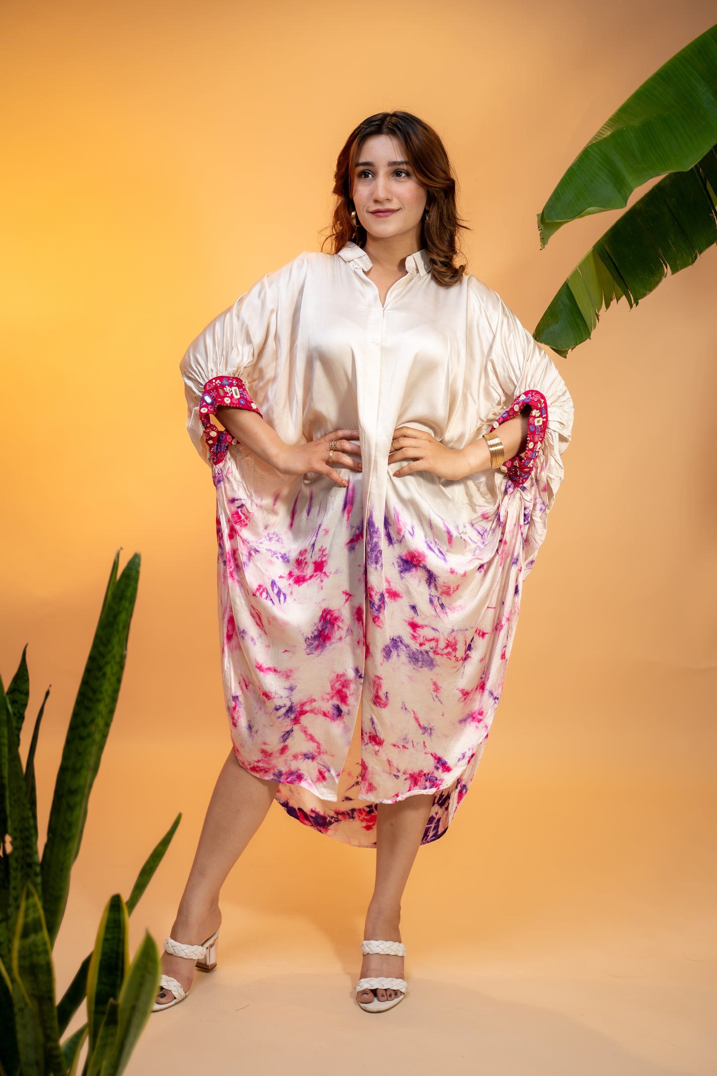 Floral Printed Italian Satin Kaftan Dress