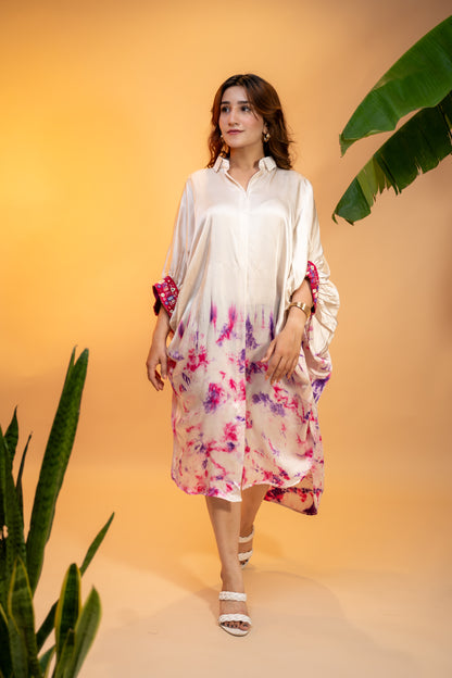 Floral Printed Italian Satin Kaftan Dress