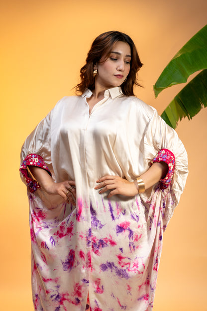 Floral Printed Italian Satin Kaftan Dress