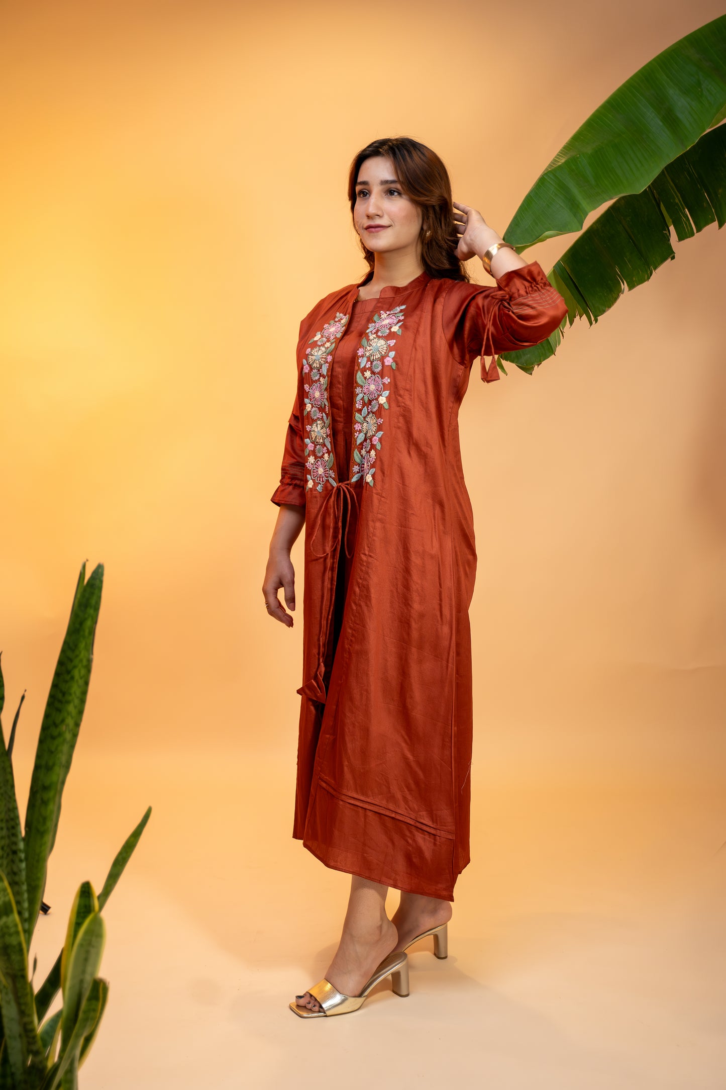 Rust Lurex Cotton Hand-Embroidered Jacket Set