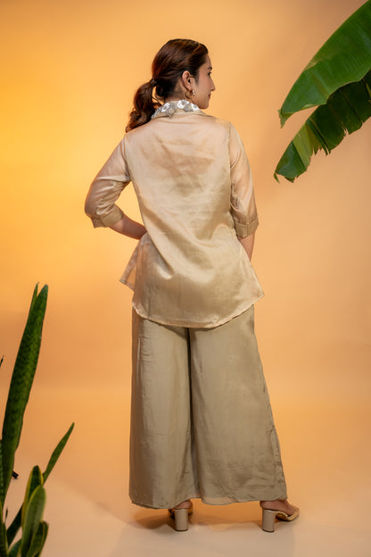 Champagne Organza Hand-Embroidered Top with Satin Parallel Pants