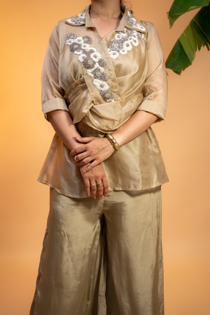 Champagne Organza Hand-Embroidered Top with Satin Parallel Pants