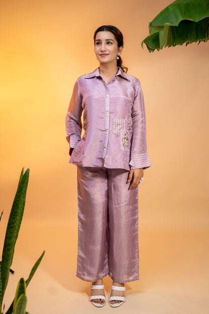 Lilac Shimmer Silk Co-ord Set  with Floral Embroidery