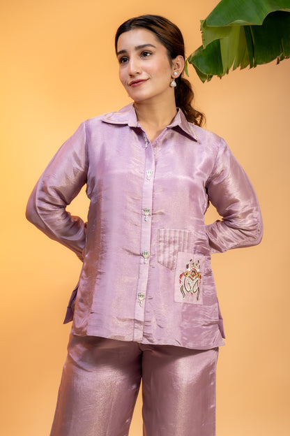 Lilac Shimmer Silk Co-ord Set  with Floral Embroidery