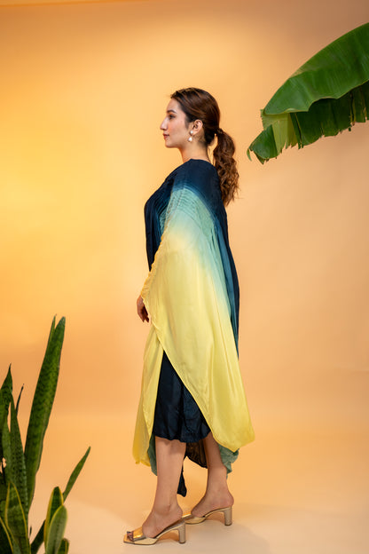 One-Shoulder Ombre Draped  Dress in Italian Satin