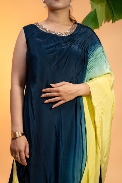 One-Shoulder Ombre Draped  Dress in Italian Satin