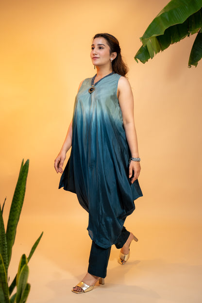 "Teal Silk Co-ord Set with  Embroidered Organza Jacket"