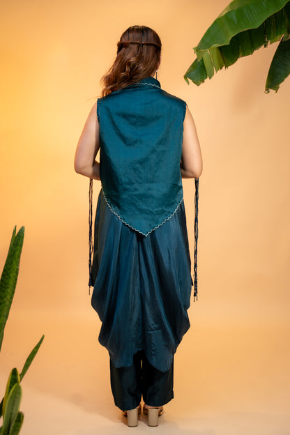 "Teal Silk Co-ord Set with  Embroidered Organza Jacket"