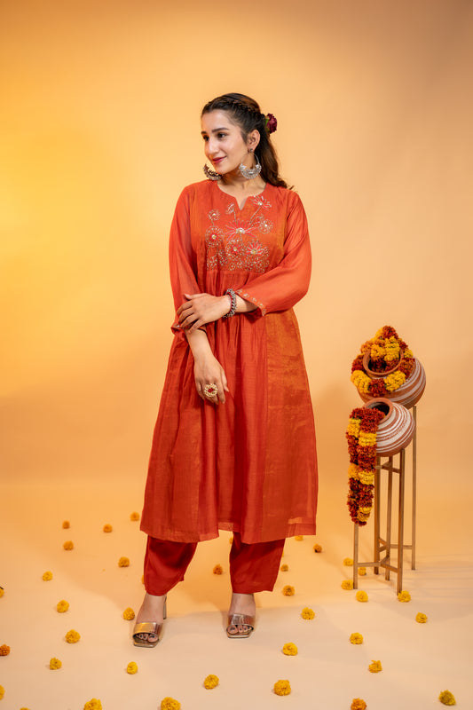 "Terracotta Mul Chanderi  Embroidered Kurta Set"