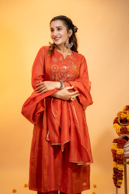 "Terracotta Mul Chanderi  Embroidered Kurta Set"