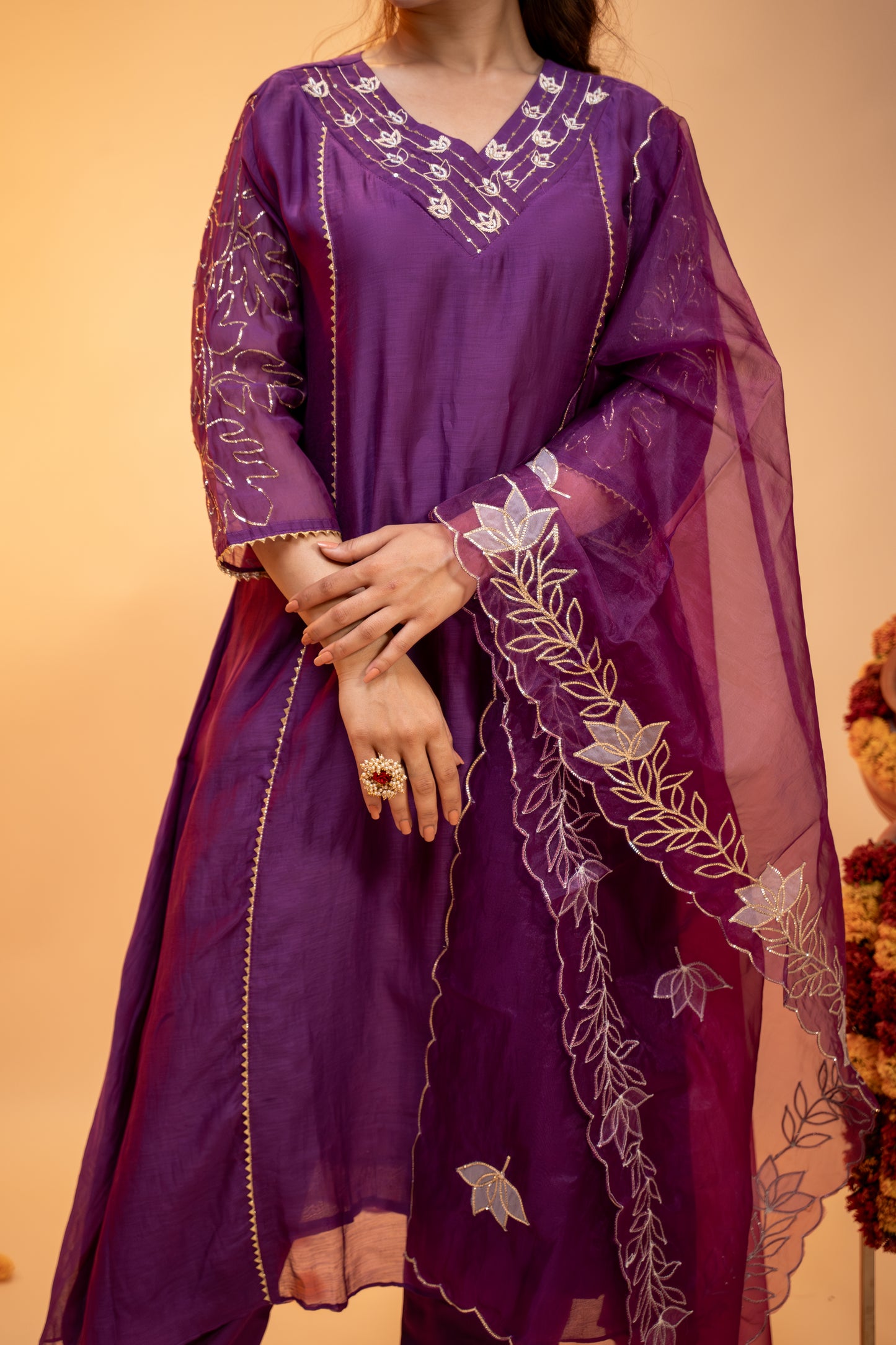 Purple Mul Chanderi Suit Set with Dupatta